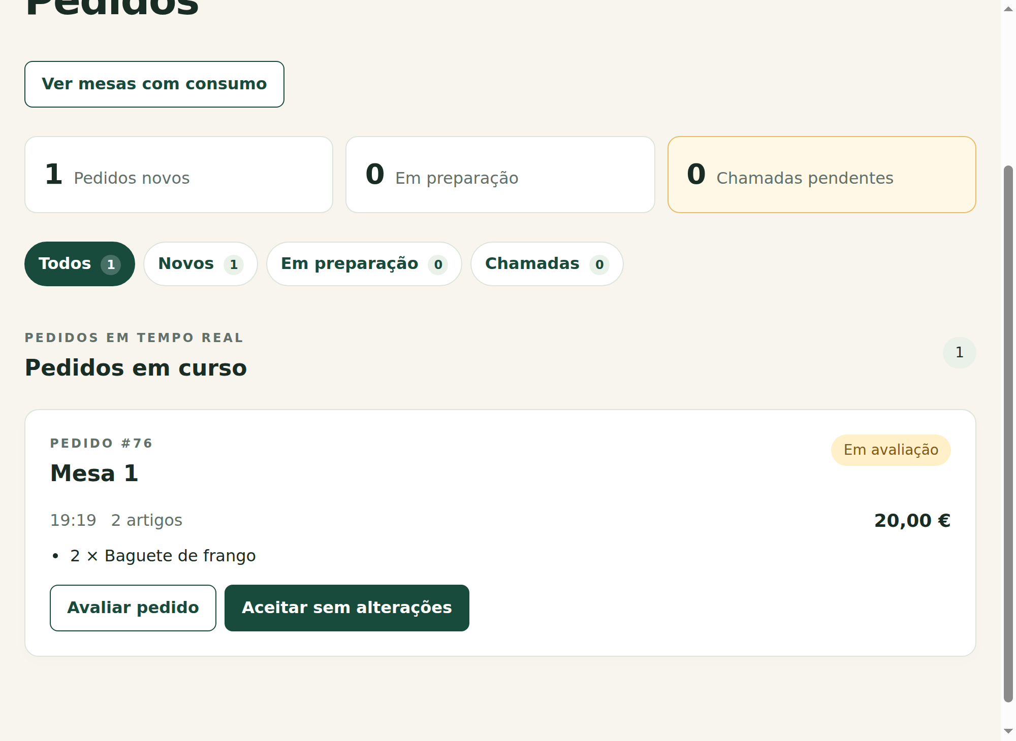Ecrã real de pedidos e chamadas da equipa Bocato